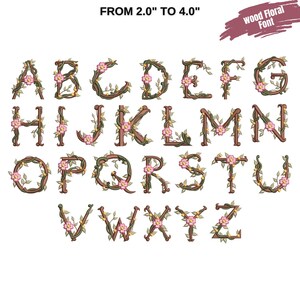 May include: A full alphabet of capital letters, each designed with a wood floral font. The letters are brown with green vines and pink flowers. The text at the top reads "FROM 2.0" TO 4.0" and "Wood Floral Font".