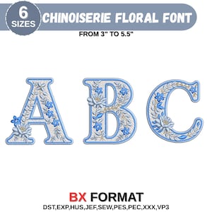 Puede incluir: Diseño de bordado con las letras A, B y C en una fuente floral estilo chinoiserie. Las letras están rellenas con patrones florales azules y blancos y tienen un borde azul claro. Texto: 6 SIZES FROM 3" TO 5.5" y BX FORMAT DST,EXP,HUS,JEF,SEW,PES,PEC,XXX,VP3.