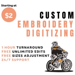 Pode incluir: Serviço de digitalização de bordado personalizado a partir de 2 €.  Inclui um prazo de entrega de 1 hora, edições ilimitadas, ajustes de tamanho gratuitos e suporte 24 horas por dia, 7 dias por semana.  A imagem mostra um motociclista.