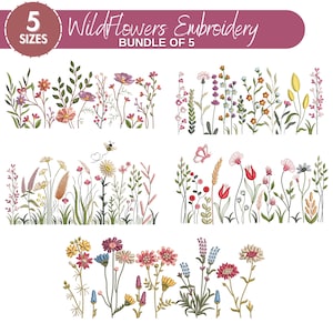 Op de afbeelding: Een set van vijf borduurpatronen met kleurrijke wilde bloemen. De patronen zijn perfect om een vleugje natuur aan je projecten toe te voegen. Wildflower Embroidery Bundle of 5.