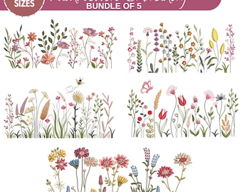 Wildflower Meadow Machine Embroidery Design, Cottagecore Wild Flowers, Boho Flower, Wildflower Embroidery Bundle, 5 Sizes, Instant Download