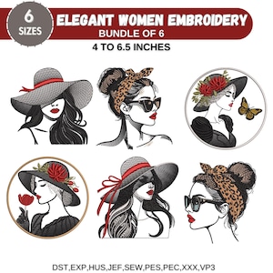 Può includere: Un set di sei ricami che raffigurano donne eleganti con cappelli e occhiali da sole. I disegni sono disponibili in sei dimensioni, che vanno da 4 a 6,5 pollici. I file di ricamo sono compatibili con le macchine da ricamo DST, EXP, HUS, JEF, SEW, PES, PEC, XXX e VP3.