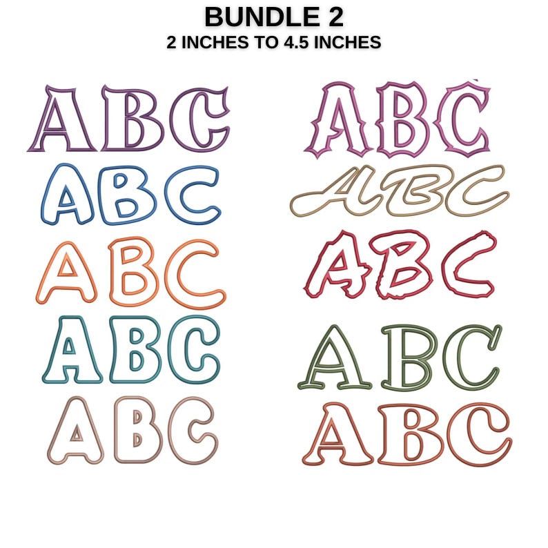 May include: A set of 10 embroidery designs for the letters A, B, and C in various styles. The designs are 2 to 4.5 inches in size.