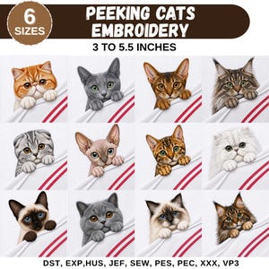 Süßes guckendes Kätzchen ITH Stickdatei Set, 12 Katzenrassen Maschinenstickerei, 6 Grössen, Siam Perser Maine Coon, Geschirrtuch Download