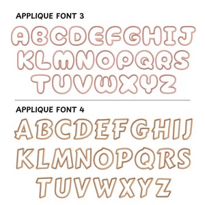 May include: Two sets of alphabet letters in a bubble font style. The first set is in a light pink colour and the second set is in a gold colour. Both sets are outlined in a darker shade of their respective colours. The text above each set reads "Applique Font 3" and "Applique Font 4".
