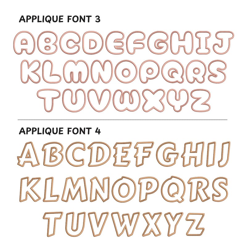 May include: Two sets of alphabet letters in a bubble font style. The first set is in a light pink colour and the second set is in a gold colour. Both sets are outlined in a darker shade of their respective colours. The text above each set reads "Applique Font 3" and "Applique Font 4".