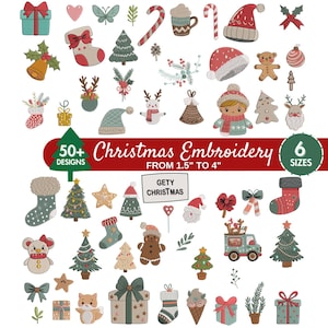 Diseños de bordado navideño, elementos del árbol de Navidad, elementos botánicos navideños, archivos de bordado a máquina de muñeco de nieve de invierno, 6 tamaños, descarga instantánea