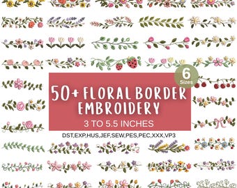 Floral Border Machine Embroidery Design Bundle, 50 Decorative Continuous Lace Monogram, 6 Sizes, Creative Botanical Wreath, Instant Download