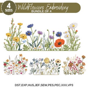 Wildblumen Wiese, Maschinenstickerei, Cottagecore Wildblumen, Boho Blumen, Wildblumen Stickerei Bundle, 4 Größen, Instant Download