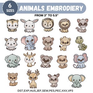 Cute Animals Embroidery Designs, Zoo Animal Machine Embroidery, Baby Girl Embroidery, Forest Animal, Farm Animal, 6 Sizes, Instant Download