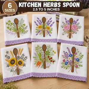 May include: Six white rectangular kitchen towels with embroidered wooden spoons and various herbs, flowers, and vegetables. Each towel features a lavender crochet lace border at the bottom. The text reads KITCHEN HERBS SPOON 6 SIZES 2.5 TO 5 INCHES.