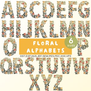 Bordado de máquina de alfabeto floral, diseños de bordado de alfabeto de flores A-Z, fuente de flor de margarita de pradera, mayúsculas, 6 tamaños, descarga instantánea
