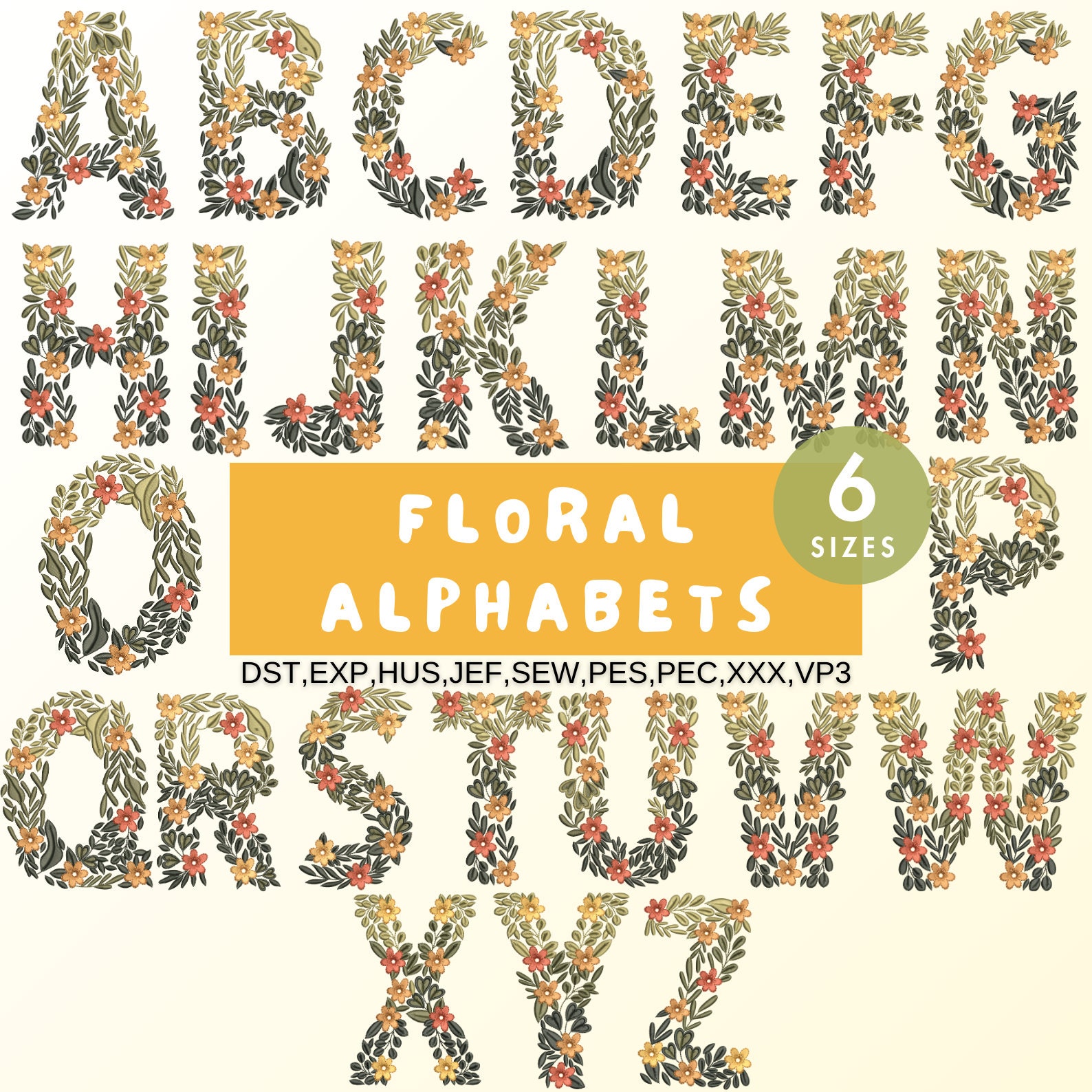 Floral Alphabet Machine Embroidery, A-Z Flower Alphabet Embroidery Designs, Meadow Daisy Flower Font , Uppercase, 6 Sizes, Instant Download