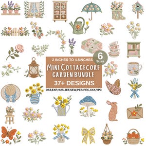 Puede incluir: Una colección de más de 37 diseños de jardín mini Cottagecore, que incluyen arreglos florales, mariposas y herramientas de jardín. Los diseños varían de 5,08 cm a 11,43 cm. La imagen incluye el texto "Mini Cottagecore Garden Bundle".