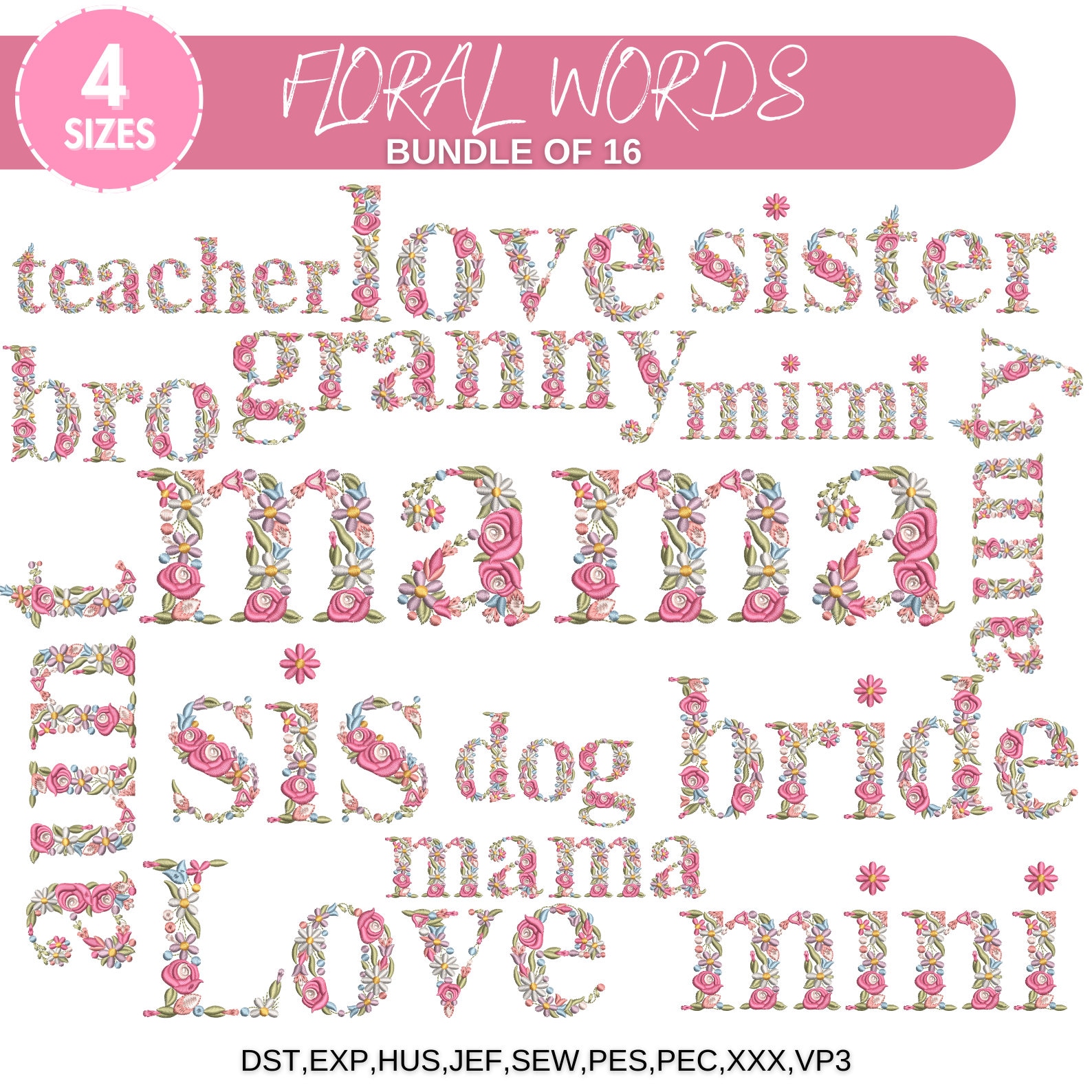 Floral Machine Embroidery, Mama Embroidery Design with Flowers,Flower Alphabet Embroidery Designs,Floral Monograms,5 Sizes, Instant Download