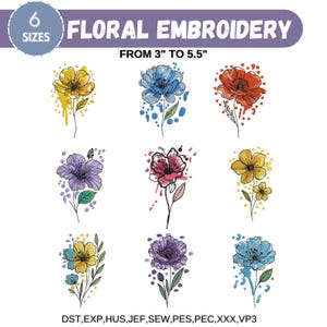 Può includere: Motivi di ricamo floreale con fiori ad acquerello. L'immagine include il testo "FLORAL EMBROIDERY" e "FROM 3" TO 5.5"" con 6 taglie disponibili. I disegni includono fiori gialli, blu, rossi, viola e rosa. Le misure variano da 7,6 cm a 14 cm.