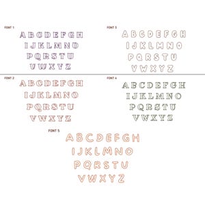 May include: Five different font styles are displayed in a white background. Each font style shows the alphabet in uppercase letters. The fonts are outlined in different colors, including purple, pink, green, and brown.