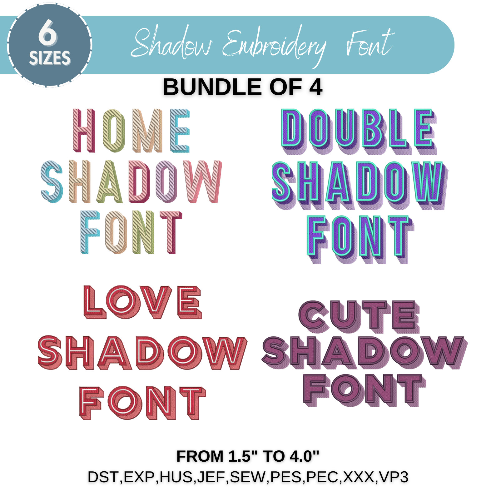 Shadow Font machine embroidery design, Block Shadow Font, Uppercase Letters, 2 Colors, PES DST etc - 6 sizes - Instant Download