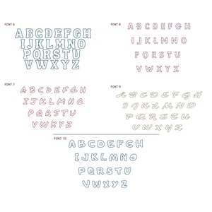 May include: A graphic design sheet with 5 different fonts, labeled Font 6 through Font 10. Each font is displayed in a light blue, pink, or yellow color. The letters are outlined in a darker shade of the same color.