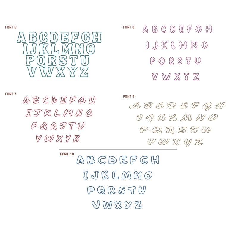May include: A graphic design sheet with 5 different fonts, labeled Font 6 through Font 10. Each font is displayed in a light blue, pink, or yellow color. The letters are outlined in a darker shade of the same color.