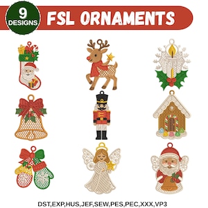 May include: Nine festive FSL ornaments featuring designs like a Santa stocking, reindeer, candle, bell, gingerbread house, nutcracker, angel, and Santa with a bell. The text "FSL ORNAMENTS" is displayed.