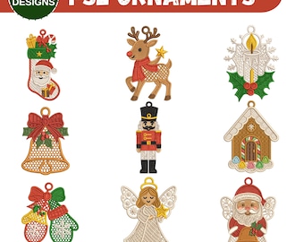 FSL Santa Claus Lace, 4x4 Hoop Christmas Ornaments Machine Embroidery Designs, FSL Lace Snowman, Nutcracker, Deer PES, Instant Download