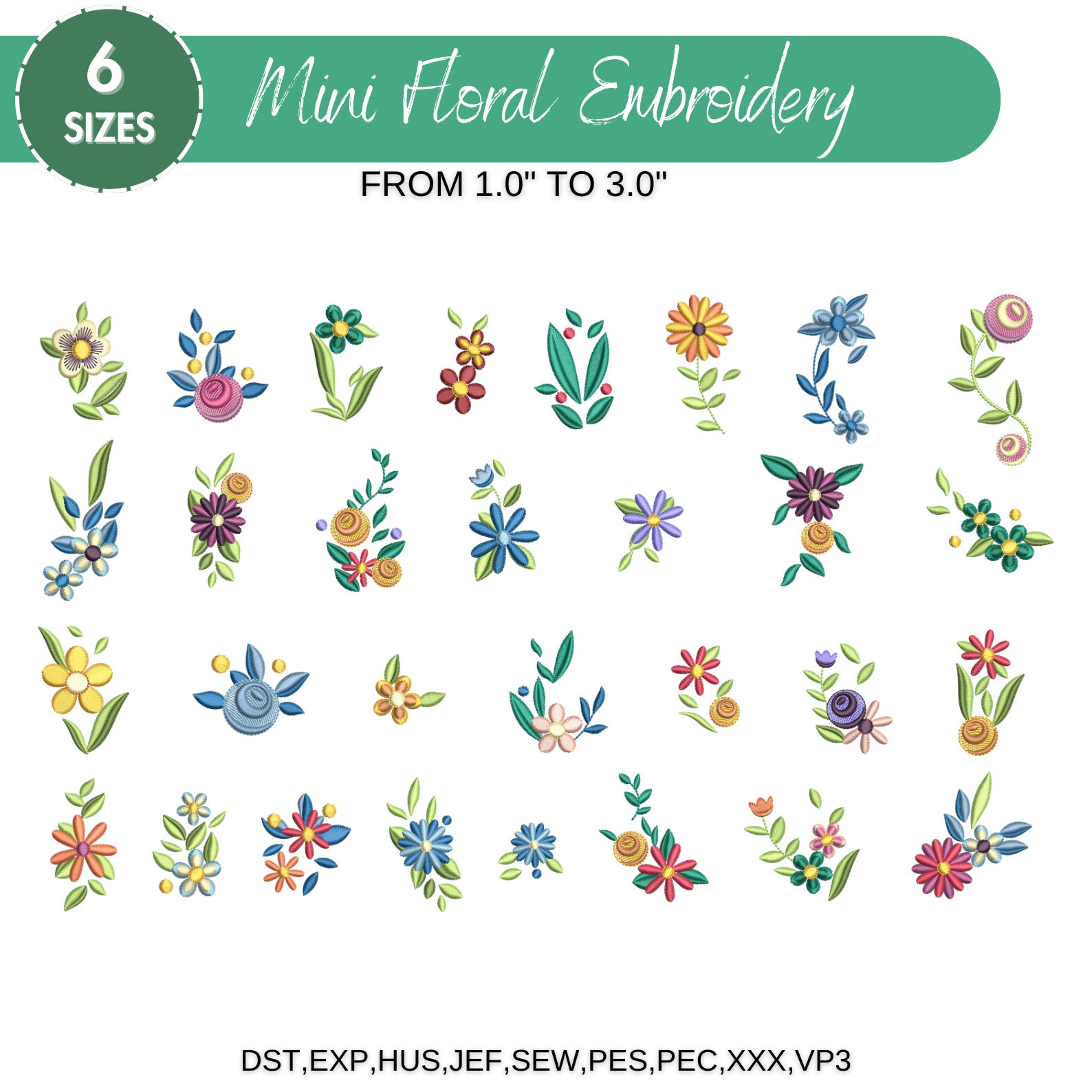 30 Mini Flowers Machine Embroidery Designs, Mini Floral Designs, Wildflower Meadow Botanical, Boho Embroidery,6 Sizes, Instant Download