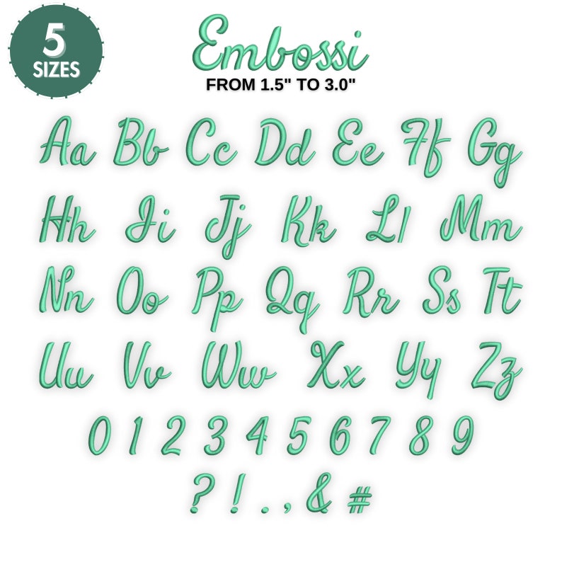 May include: Embossed alphabet and number stencils in five sizes, ranging from 1.5 inches to 3.0 inches. The stencils are a light green color and feature a cursive font.