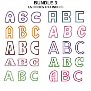 May include: A set of 10 embroidery designs for the letters A, B, and C in various colors and styles. The designs are available in sizes from 1.5 to 4 inches.