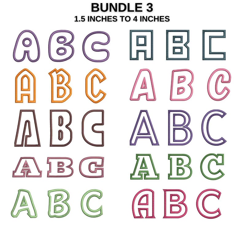 May include: A set of 10 embroidery designs for the letters A, B, and C in various colors and styles. The designs are available in sizes from 1.5 to 4 inches.