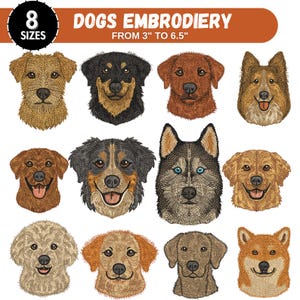 以下が含まれることがあります： 8種類の犬の刺繍デザインのコレクション。各デザインは異なる犬種を表しています。デザインのサイズは7.6cmから16.5cmです。犬はさまざまな色と表情で描かれており、顔の特徴が詳細に表現されています。