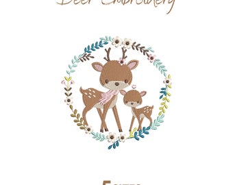 May include: Embroidered design of a mother and baby deer standing in a wreath of green leaves and white flowers. The deer are brown with white spots and the mother deer is wearing a pink scarf. The text "Deer Embroidery" and "5 SIZES" is included in the image.