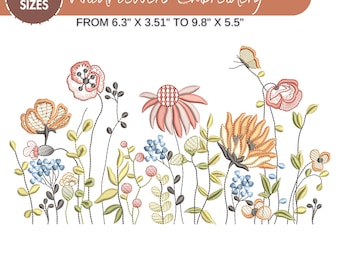 Puede incluir: Diseño de bordado de una hilera de flores silvestres coloridas, que incluyen flores rosas, naranjas y amarillas, con hojas y tallos verdes. El diseño está disponible en seis tamaños, que van desde 16 cm por 9 cm hasta 25 cm por 14 cm. El diseño está disponible en los siguientes formatos: DST, EXP, HUS, JEF, SEW, PES, PEC, XXX, VP3.