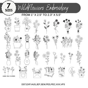 Wild Flowers Machine Embroidery Designs, Line Art Embroidery, Flower Embroidery Designs, Botanical Leaf Meadow Instant Download Zip- 7 sizes