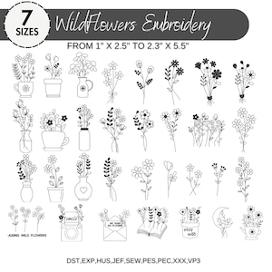 Wild Blumen Stickdatei, Line Art Stickerei, Blumen Stickmuster, Instant Download Zip - 7 Größen