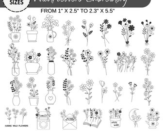 Wilde bloemen Machine borduurwerk ontwerpen, lijntekeningen borduurwerk, bloem borduurwerk ontwerpen, botanische blad weide Instant Download Zip- 7 maten