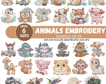 Diseños de bordado de animales de safari, bordado a máquina de animales del zoológico, bordado de niña, animal del bosque, animal de granja, 6 tamaños, descarga instantánea