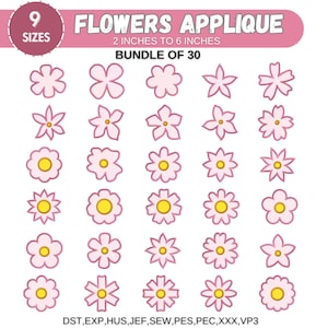 May include: A set of 30 flower applique embroidery designs in 9 sizes, ranging from 2 to 6 inches. The designs are in pink and yellow and include a variety of flower shapes.