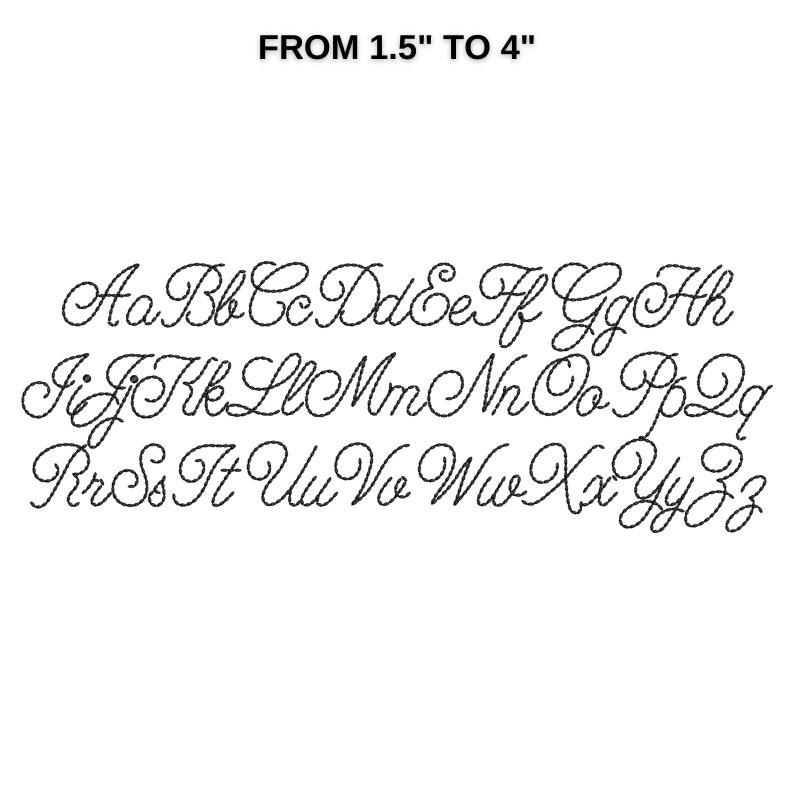 K&ouml;nnte beinhalten: Ein Schriftalphabet in kursiver Schrift mit Buchstaben von A bis Z. Die Schriftart eignet sich f&uuml;r Projekte von 3,8 cm bis 10 cm.