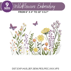 Wildflower Meadow Machine Embroidery Design, Butterfly Wild Flowers, Boho Flower, Wildflower Embroidery Bundle, 9 Sizes, Instant Download