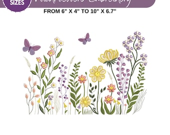 May include: Embroidery design of a bouquet of wildflowers in shades of purple, yellow, pink, and green. The design includes butterflies and is available in 9 sizes, from 6 inches by 4 inches to 10 inches by 6.7 inches.  The design is available in the following formats: DST, EXP, HUS, JEF, SEW, PES, PEC, XXX, VP3.