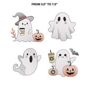May include: Four embroidered ghost designs with different expressions, holding a coffee cup, a pumpkin, and a bat. The text "FROM 3.0" TO 7.5" is at the top of the image.