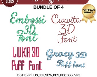 Paquete de diseños de bordado a máquina con fuente 3D Puff, diseños de alfabeto completo, letras mayúsculas y minúsculas, fuente BX, 5 tamaños, descarga instantánea