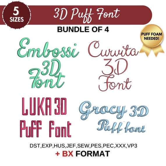 3D Puff Font Machine Embroidery Designs Bundle, Full Alphabet Designs, Uppercase Lowercase Letters, BX Font - 5 sizes- Instant Download
