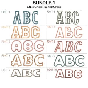 May include: A chart showing 10 different font styles for embroidery designs. The fonts are shown in the letters A, B, and C. The fonts range in size from 1.5 to 4 inches.