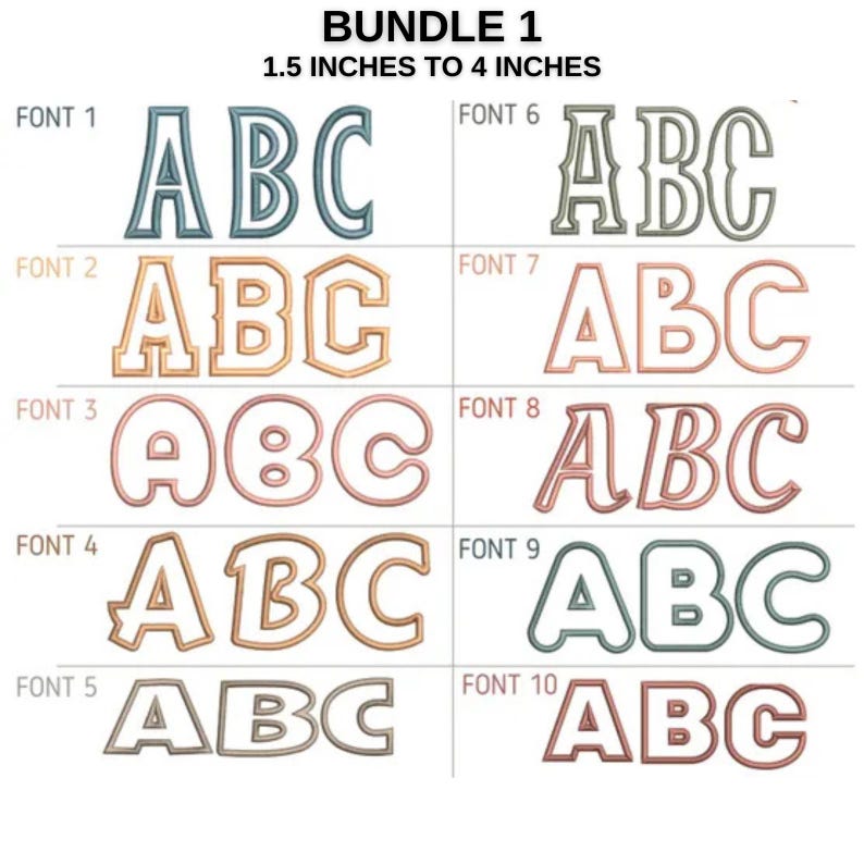 May include: A chart showing 10 different font styles for embroidery designs. The fonts are shown in the letters A, B, and C. The fonts range in size from 1.5 to 4 inches.