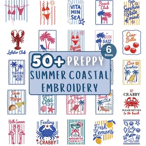 May include: A collection of 50+ preppy summer coastal embroidery designs featuring various motifs including bikinis, palm trees, lobsters, crabs, lemons, margaritas, and beach chairs, with text such as Vitamin Sea, Ciao Bella, and Lobster Club.