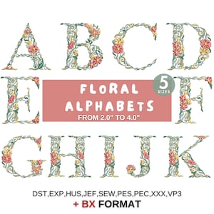 Bordado de fuentes florales, diseños de bordado de máquina de alfabeto de flores completas A-Z, letras mayúsculas, fuente BX, PES DST - 5 tamaños- Descarga instantánea