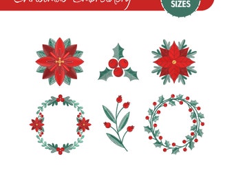 Mini Weihnachten Stickerei Design, Weihnachtskranz Stickerei, Weihnachten Poinsettia Stickerei, Mini rote Blume, 6 Größen, Instant Download