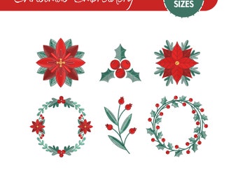 May include: A selection of Christmas embroidery patterns showcasing poinsettias, holly, and wreaths in red, green, and white. The image includes the text "Christmas Embroidery" and "6 Sizes". Various embroidery file formats are also listed.